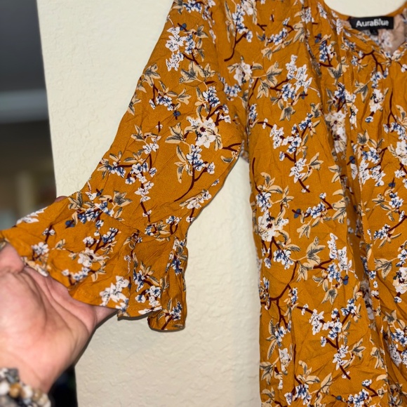 WOMANS ORANGE ELBOW LENGTH FLORAL BLOUSE SIZE L - Picture 3 of 6